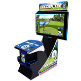 Golden Tee 4GA Tour arcade golf machine with a large front-facing screen showing a golf game, a smaller side screen, a blue and white control panel, and colorful printed graphics on the cabinet, isolated on a white background.