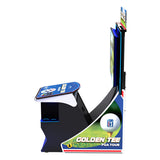 A vertical arcade machine titled 'GOLDEN TEE PGA TOUR' with a black and blue cabinet, a large screen, and golf-themed graphics on the front panel.