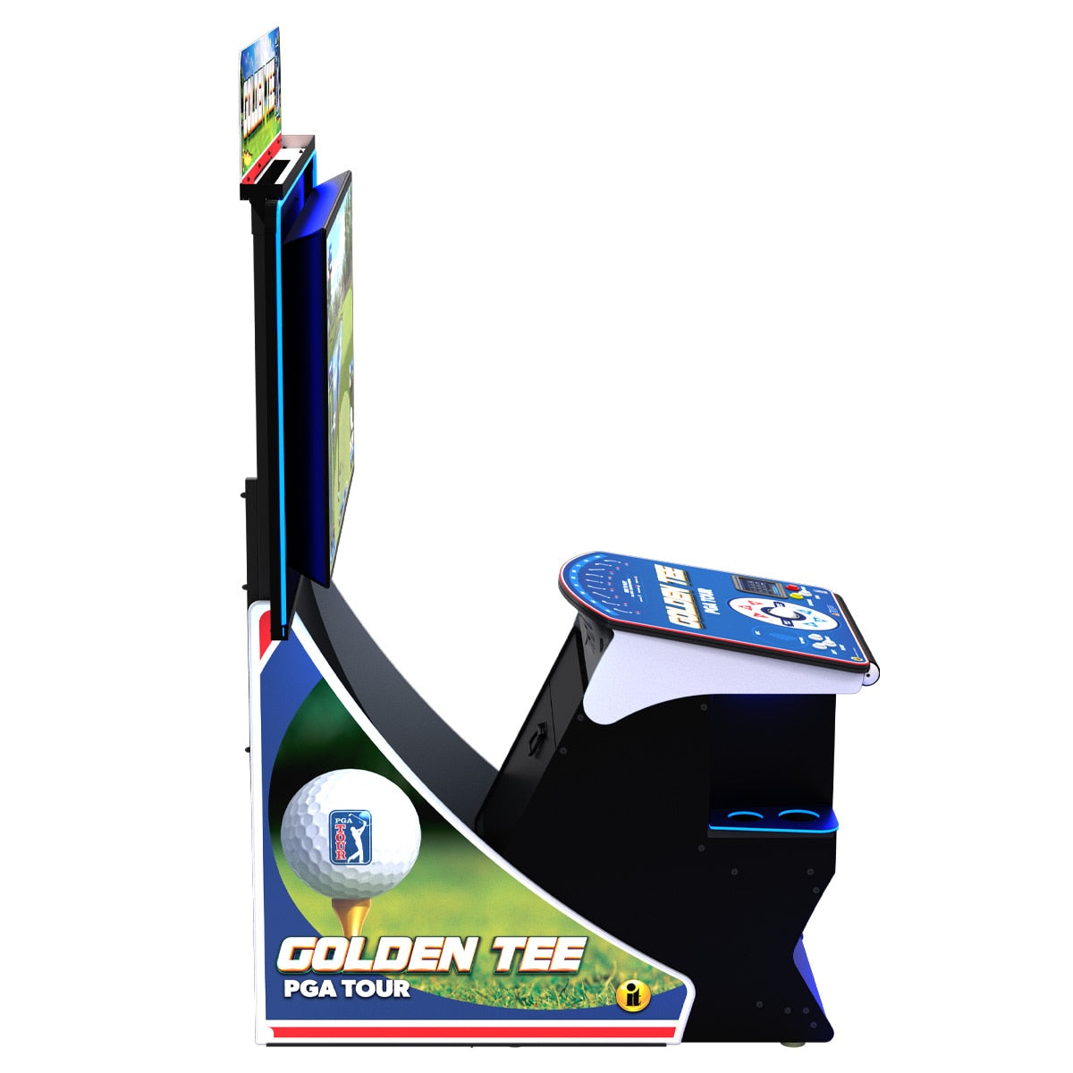 A vertical arcade machine titled 'Golden Tee PGA Tour' with a large front display screen, a blue and white golf-themed cabinet, and a small overhead score display, shown on a plain white background.