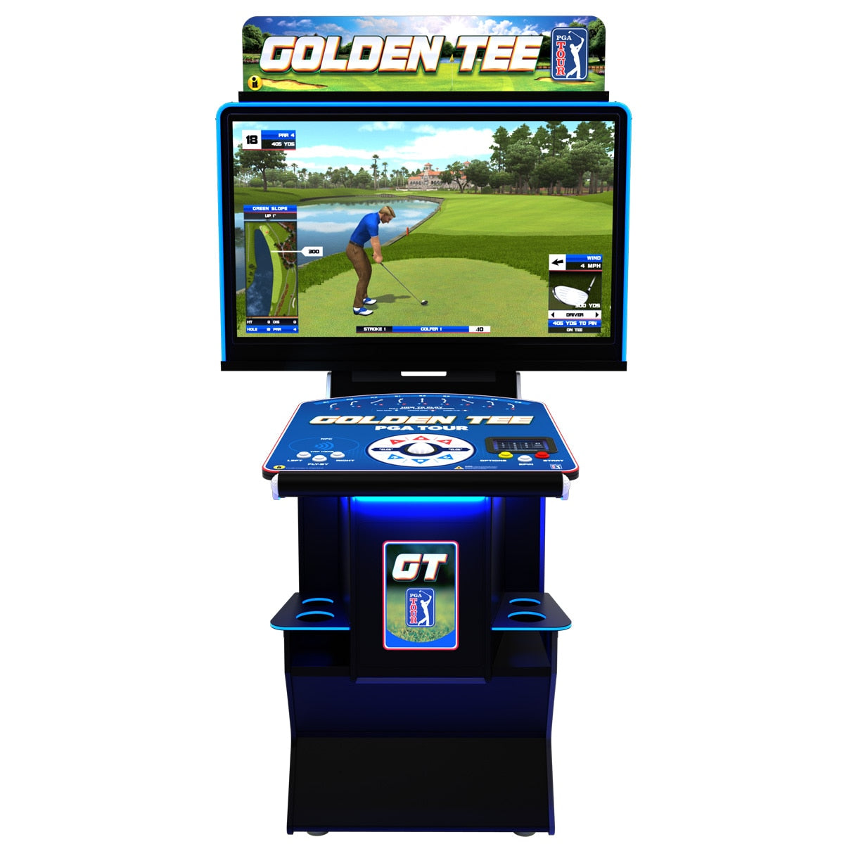 A Golden Tee arcade golf machine with a large color display screen showing a golf course simulation, a blue control panel with buttons, and a black base cabinet with blue LED lighting, isolated on a white background.