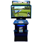 A Golden Tee arcade golf machine with a large color display screen showing a golf course simulation, a blue control panel with buttons, and a black base cabinet with blue LED lighting, isolated on a white background.