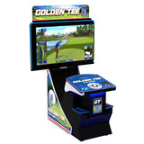 Golden Tee Golf Sim arcade machine with a large front-facing screen showing a golf course simulation game, a blue control panel, and branded front and side panels on a plain white background.