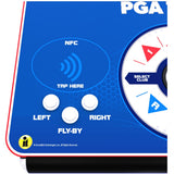 Close-up of a blue PGA TOUR golf flagstick or club selector control panel with white buttons labeled LEFT, CENTER, RIGHT, NFC, TAP HERE, FLY-BY, and a white circular select club dial on the right.