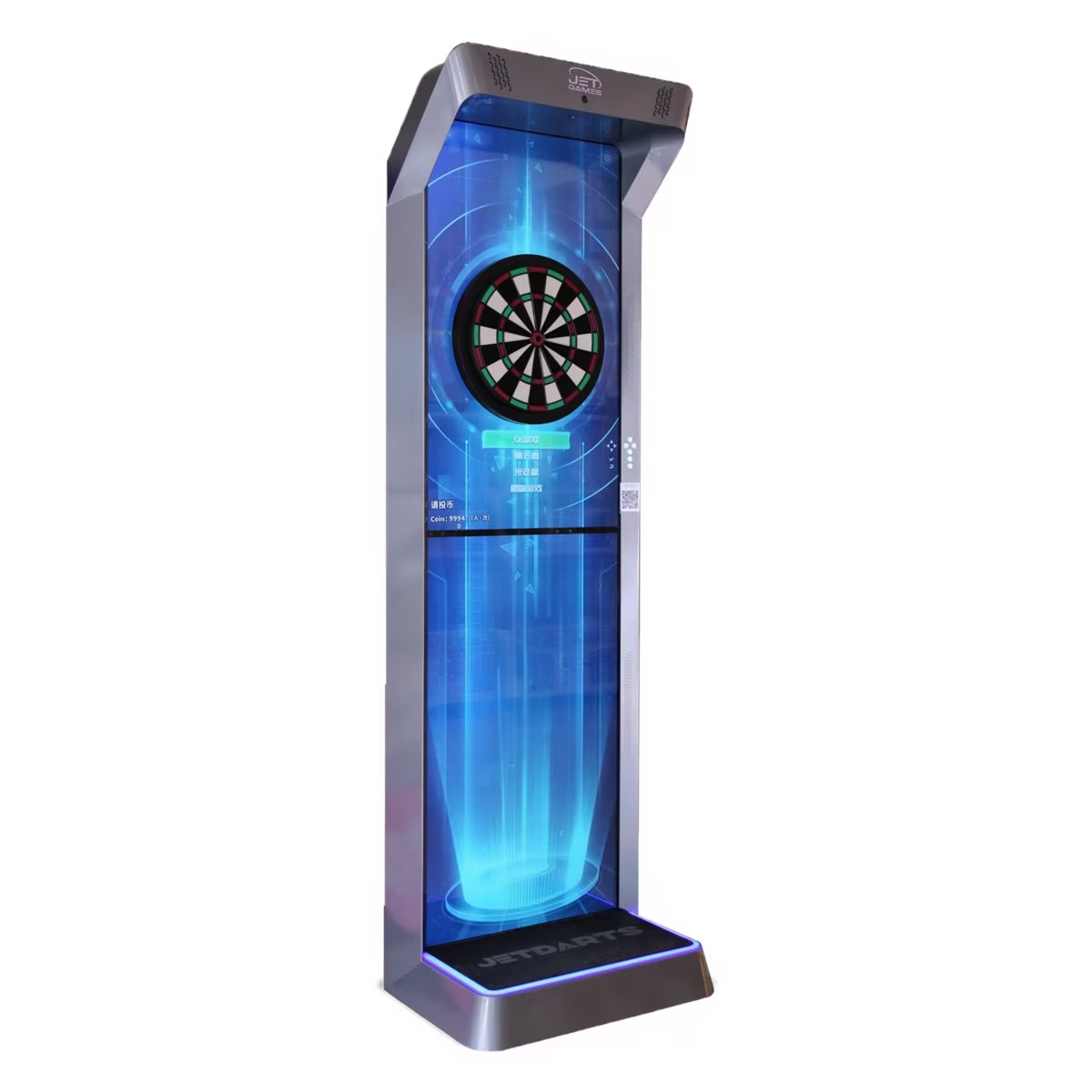 Electronic dartboard with blue digital display on a white background