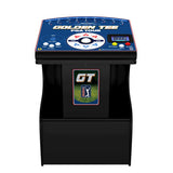 A black arcade machine cabinet with a blue control top labeled 'GOLDEN TEE PGA TOUR' and a front panel featuring a 'GT' logo and golf-themed graphic, shown on a plain white background.