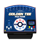 Golden Tee PGA Tour golf simulator machine with a blue front faceplate, white and red graphics, a central dial, and a small display screen, shown on a black stand against a white background.