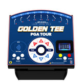 Golden Tee PGA Tour golf simulator machine with a blue front faceplate, white and red graphics, a central dial, and a small display screen, shown on a black stand against a white background.