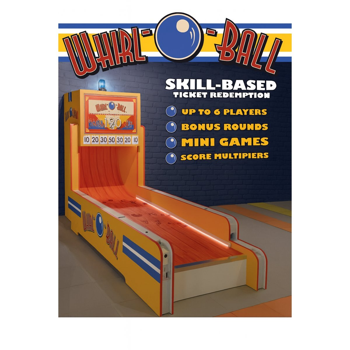 Whirl Ball arcade game with promotional text on a white background