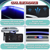 Collage of electronic arcade machine features with text highlighting key components.