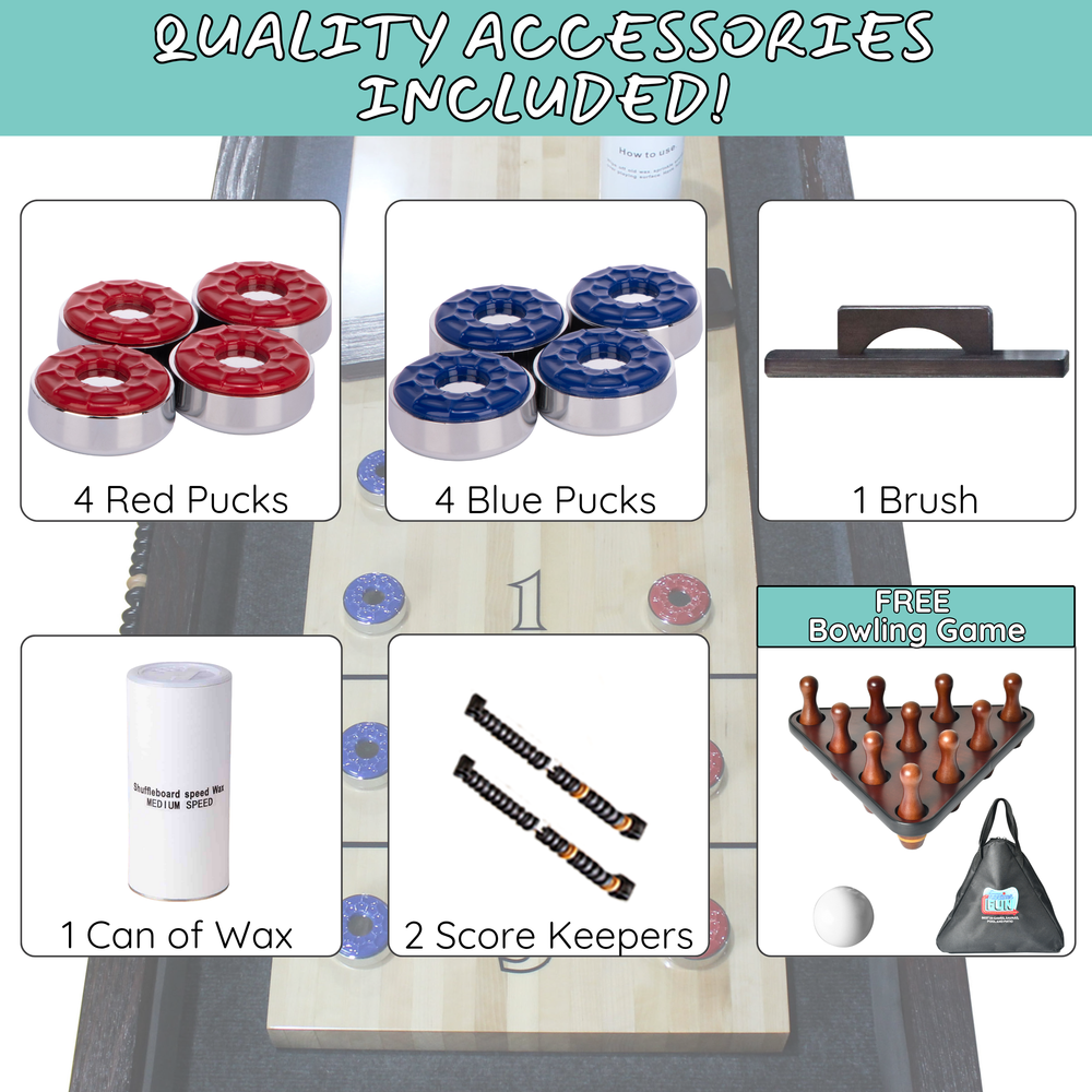 Bowling alley setup with accessories including red and blue pucks, a brush, can of wax, score keepers, and a free bowling game.