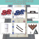 Bowling alley setup with accessories including red and blue pucks, a brush, can of wax, score keepers, and a free bowling game.