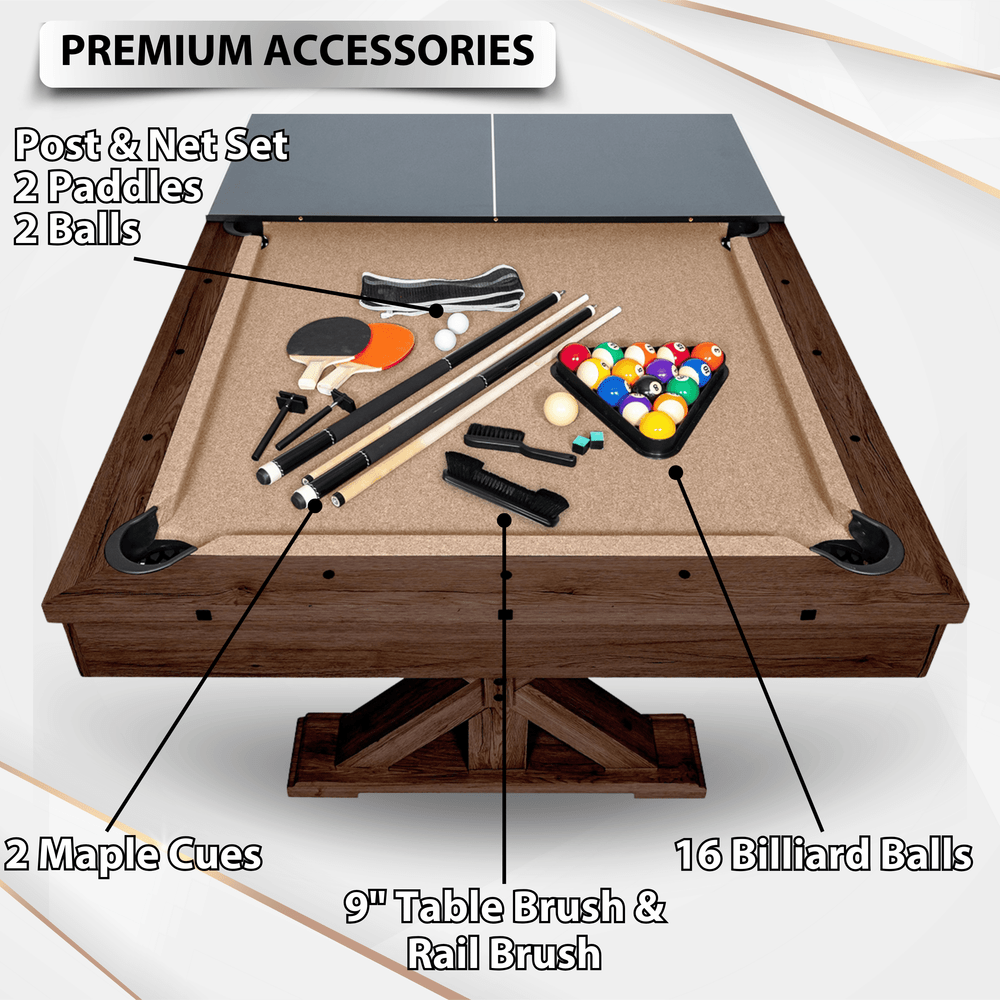 Multi-game table with pool, ping pong, and billiards accessories on a white background