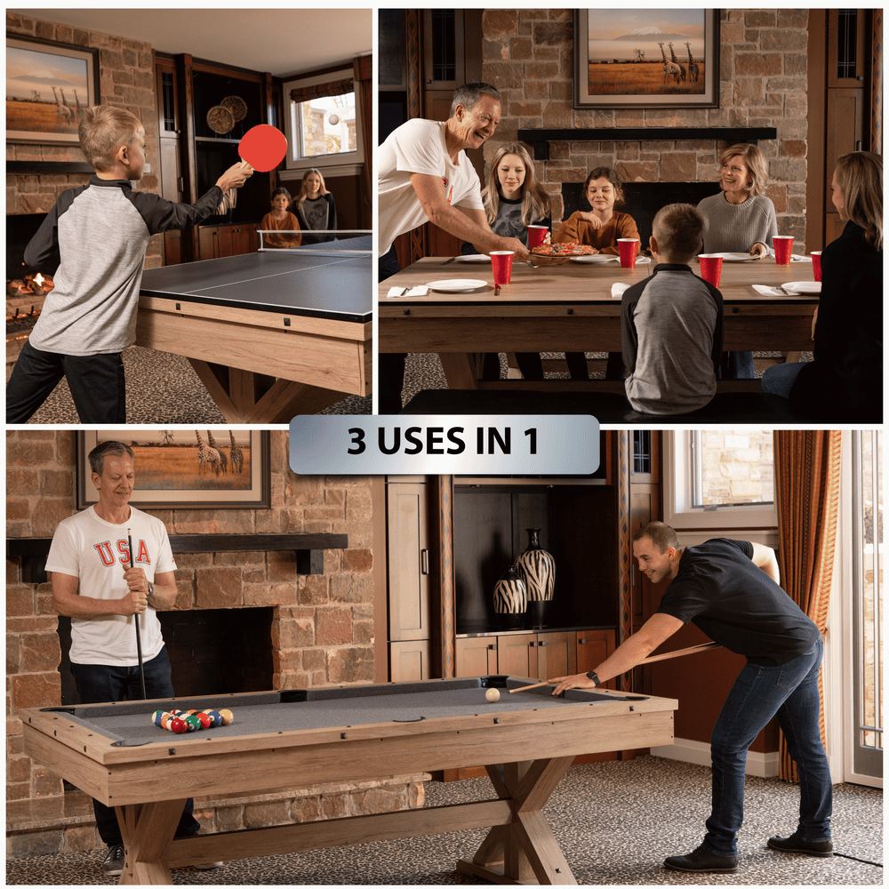 Collage of a pool table being used for ping pong and billiards in different settings.