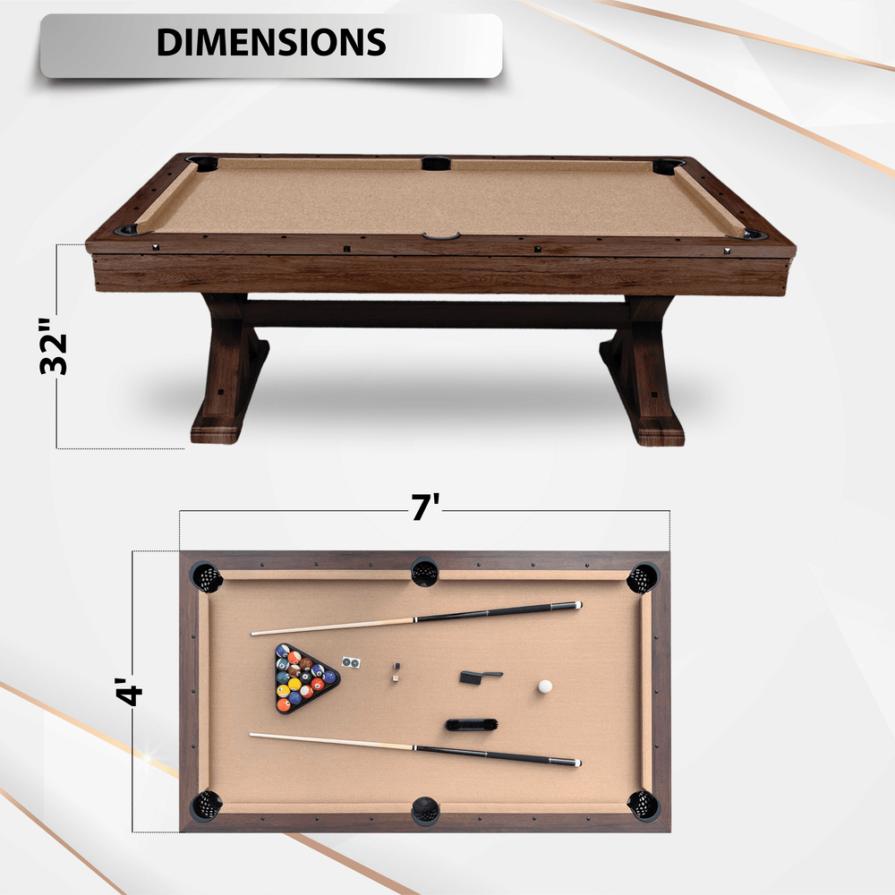 Pool table with dimensions displayed on a white background