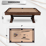 Pool table with dimensions displayed on a white background