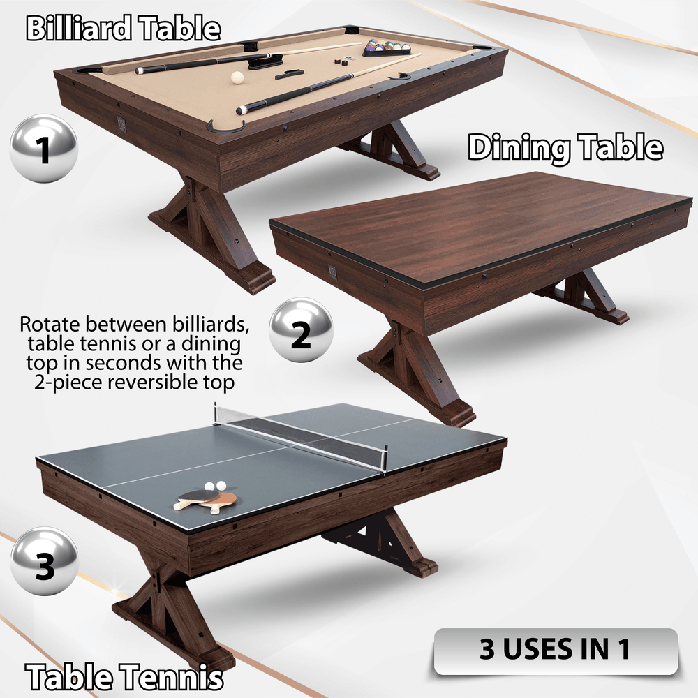 Multi-functional table that can be used as a billiard table, dining table, or table tennis table.