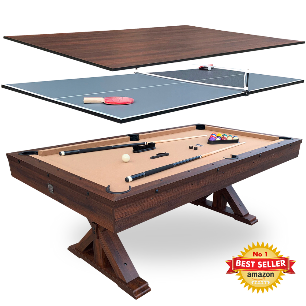 Multi-game table with pool, ping pong, and billiard components on a white background.