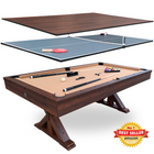 Multi-game table with pool, ping pong, and billiard components on a white background.