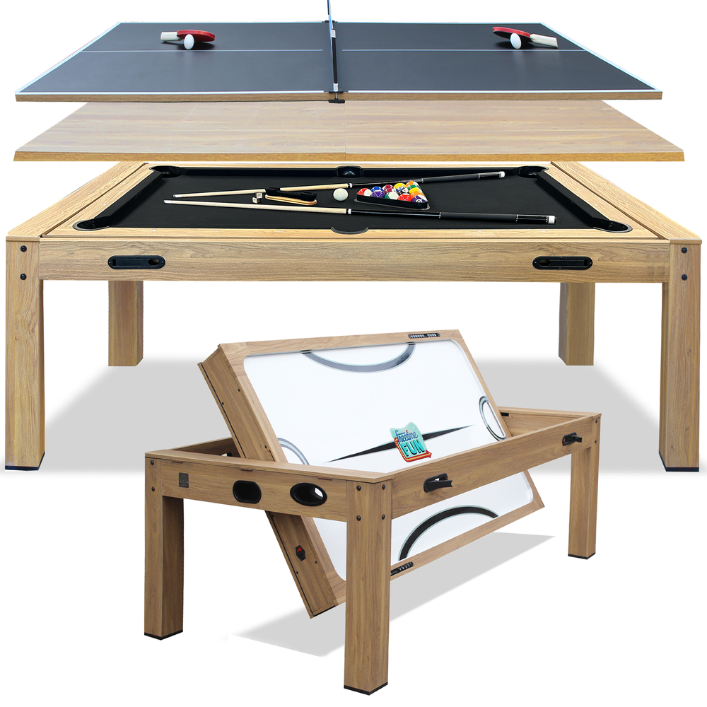 Multi-game table with ping pong, pool, and air hockey sections on a white background