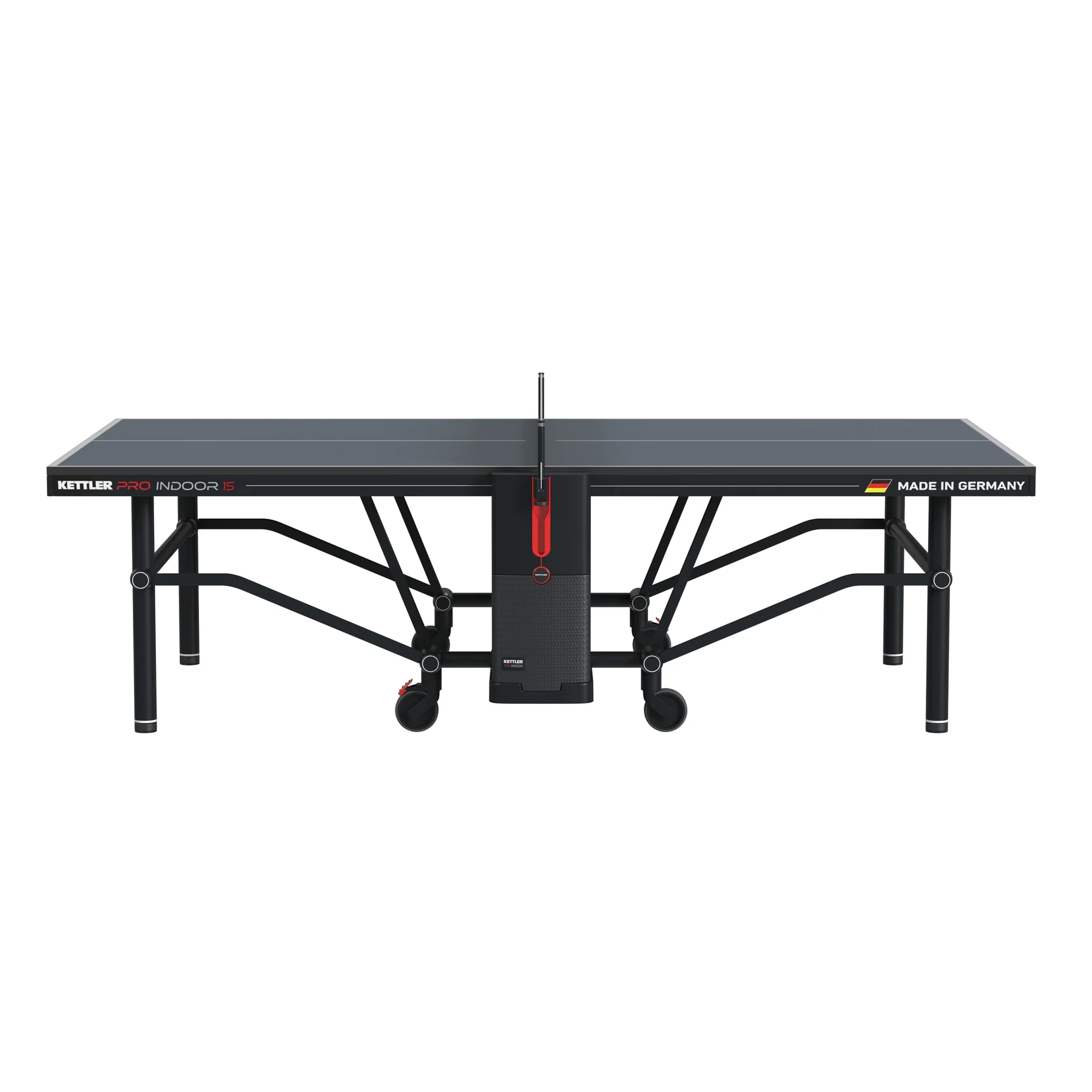 KETTLER Pro Indoor 15 Table Tennis Table with net, paddles, wheels, and true bounce.