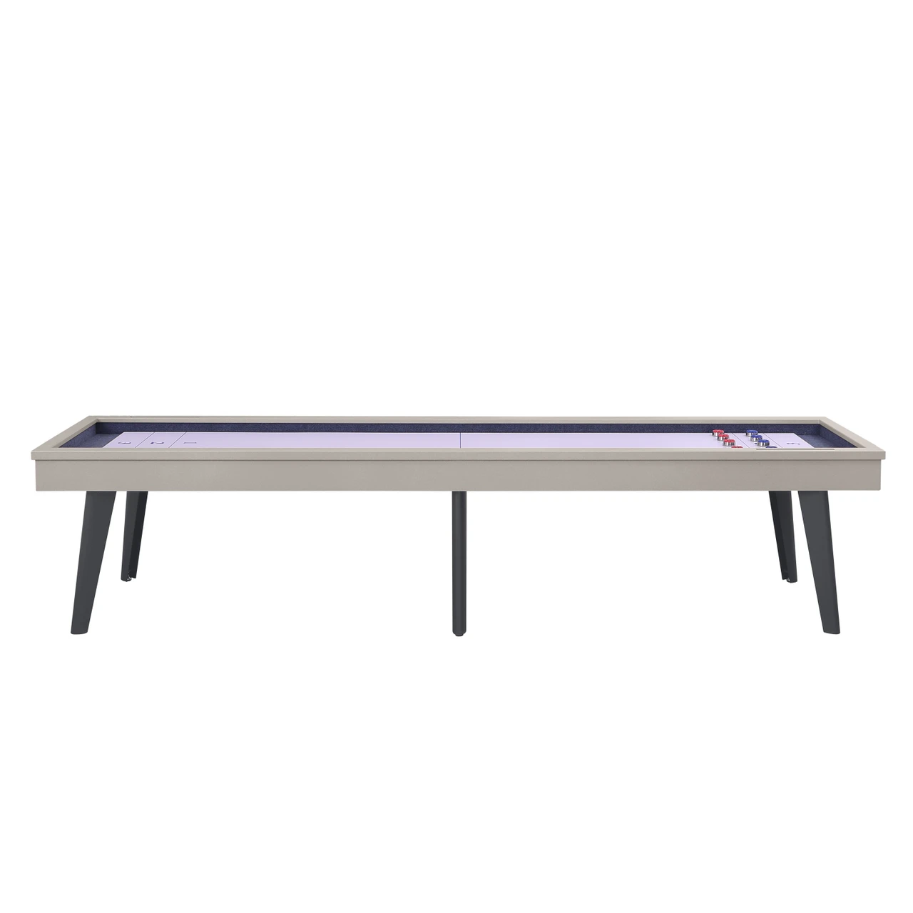Shuffleboard table with a white surface and black felt, on a white background