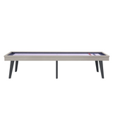Shuffleboard table with a white surface and black felt, on a white background