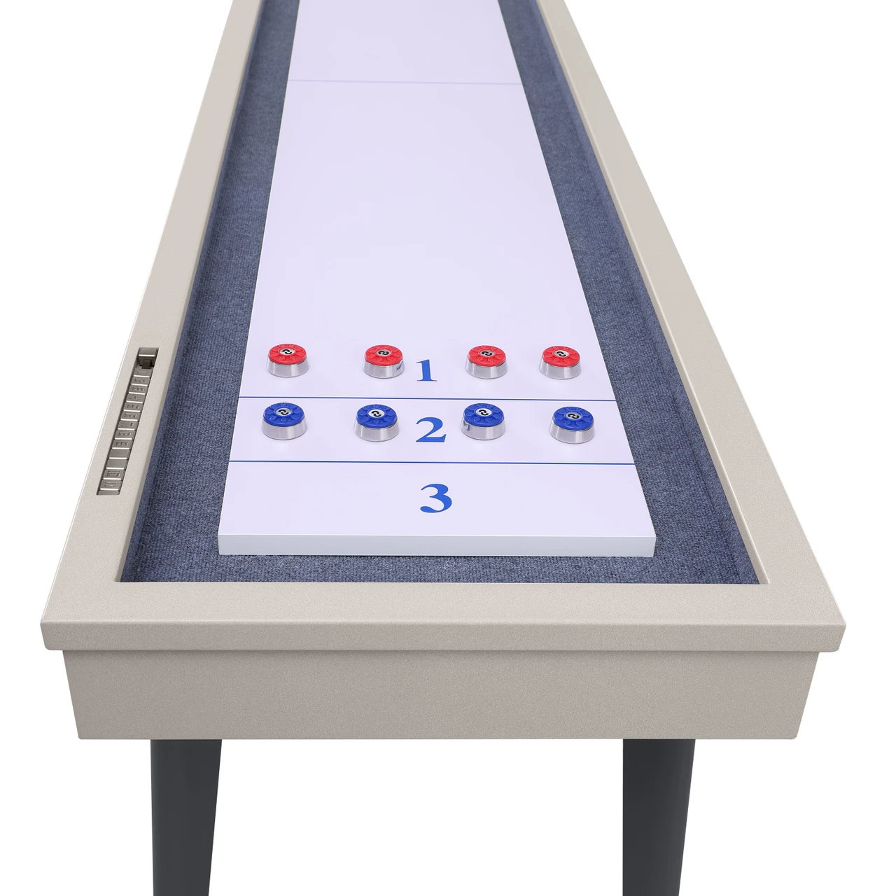 Shuffleboard table with numbered and color-coded pucks on a white background