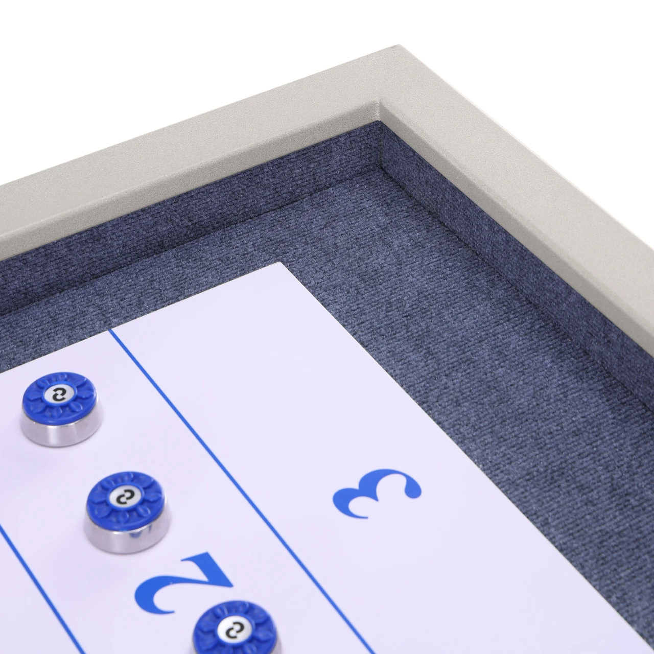 Close-up of a checkers board with blue and silver pieces on a white background