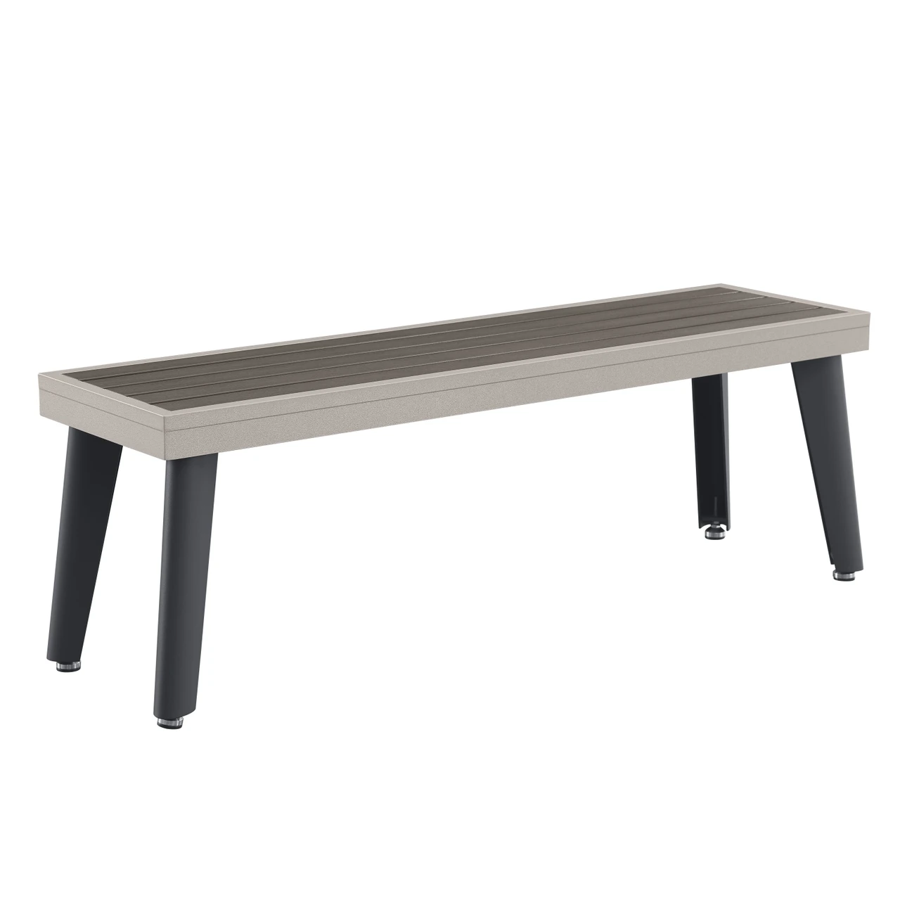 Long rectangular table with a gray top and black legs on a white background