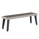 Long rectangular table with a gray top and black legs on a white background