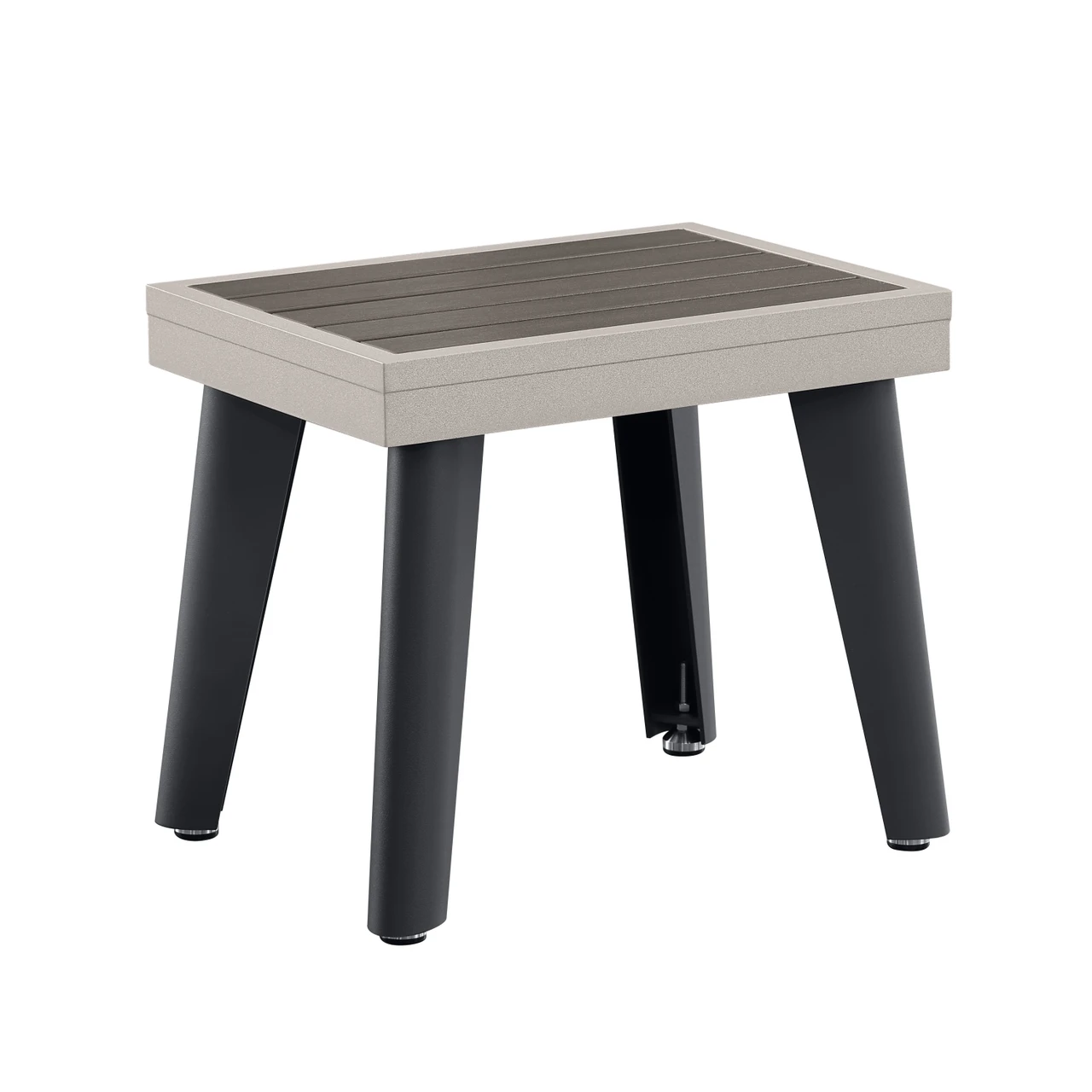 Small square table with a gray top and black legs on a white background