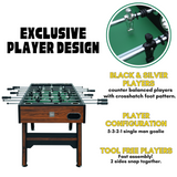 Foosball table with player design details on a white background