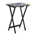 Black folding table with a logo on the top against a white background
