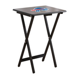 Black folding table with a logo on the top against a white background