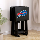 Black folding stools with Buffalo Bills logo on a light wood floor.