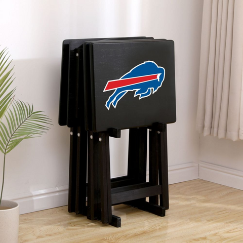 Black folding stools with Buffalo Bills logo on a light wood floor.