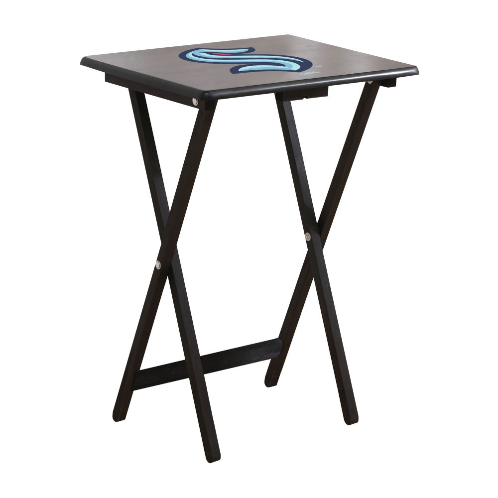 Black folding table with a logo on a white background