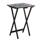 Black folding table with a logo on a white background