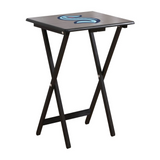 Black folding table with a logo on a white background