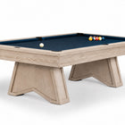 A modern pool table with a light beige wood-grain frame and a dark navy blue felt surface, shown on a clean white background.