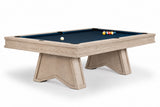 A modern pool table with a light beige wood-grain frame and a dark navy blue felt surface, shown on a clean white background.