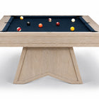 A modern pool table with a light natural wood frame and a dark green felt playing surface, shown from a high angle on a white background.