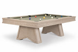 A modern pool table with a light beige wood-grain frame and legs, featuring a sage green felt surface with several colorful billiard balls, shown on a white background.