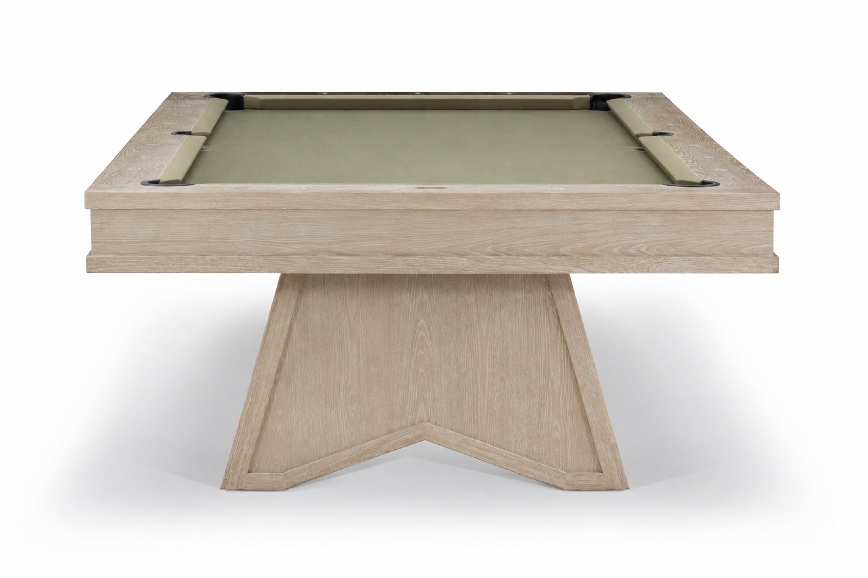 A modern pool table with a light oak wood frame and a sage green felt playing surface, shown from a high angle on a white background.