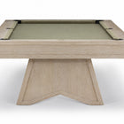 A modern pool table with a light oak wood frame and a sage green felt playing surface, shown from a high angle on a white background.