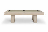 A modern pool table with a light beige wood frame and a beige felt playing surface, shown from a front-three-quarters angle on a white background.