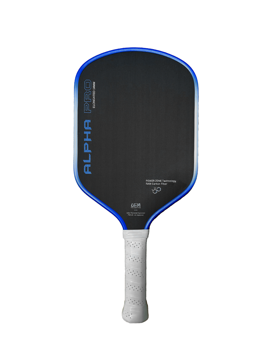 A black/blue Engage Pickleball Alpha Pro | Thermoformed Power & Spin paddle with white handle.
