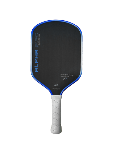 A black/blue Engage Pickleball Alpha Pro | Thermoformed Power & Spin paddle with white handle.