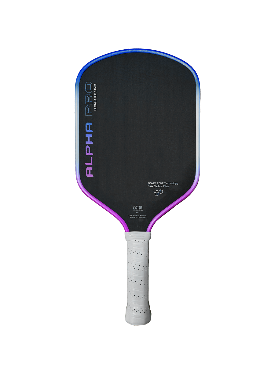 Engage Pickleball Alpha Pro paddle with white handle, black face, on a white background.