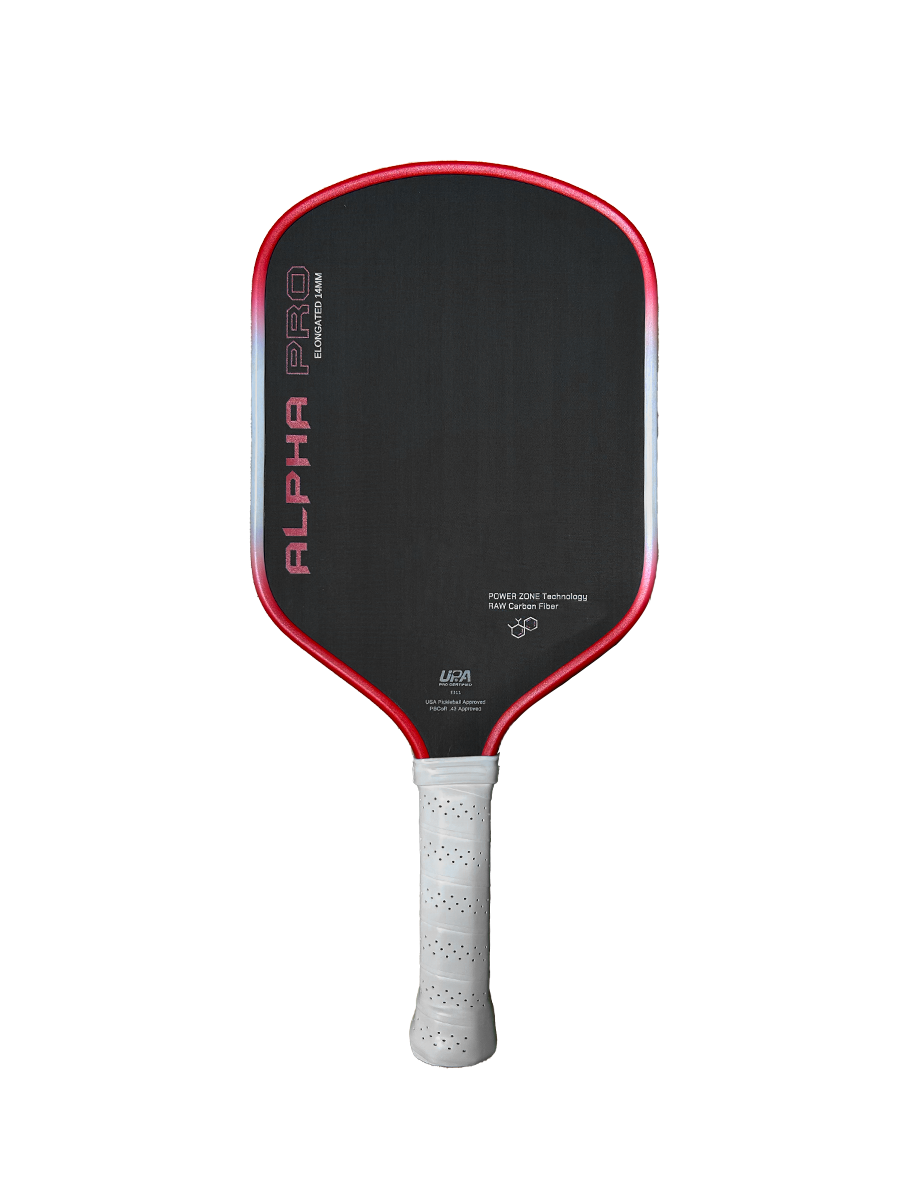 Engage Pickleball Alpha Pro paddle: black/red carbon fiber face, white grip, ALPHA PRO label.